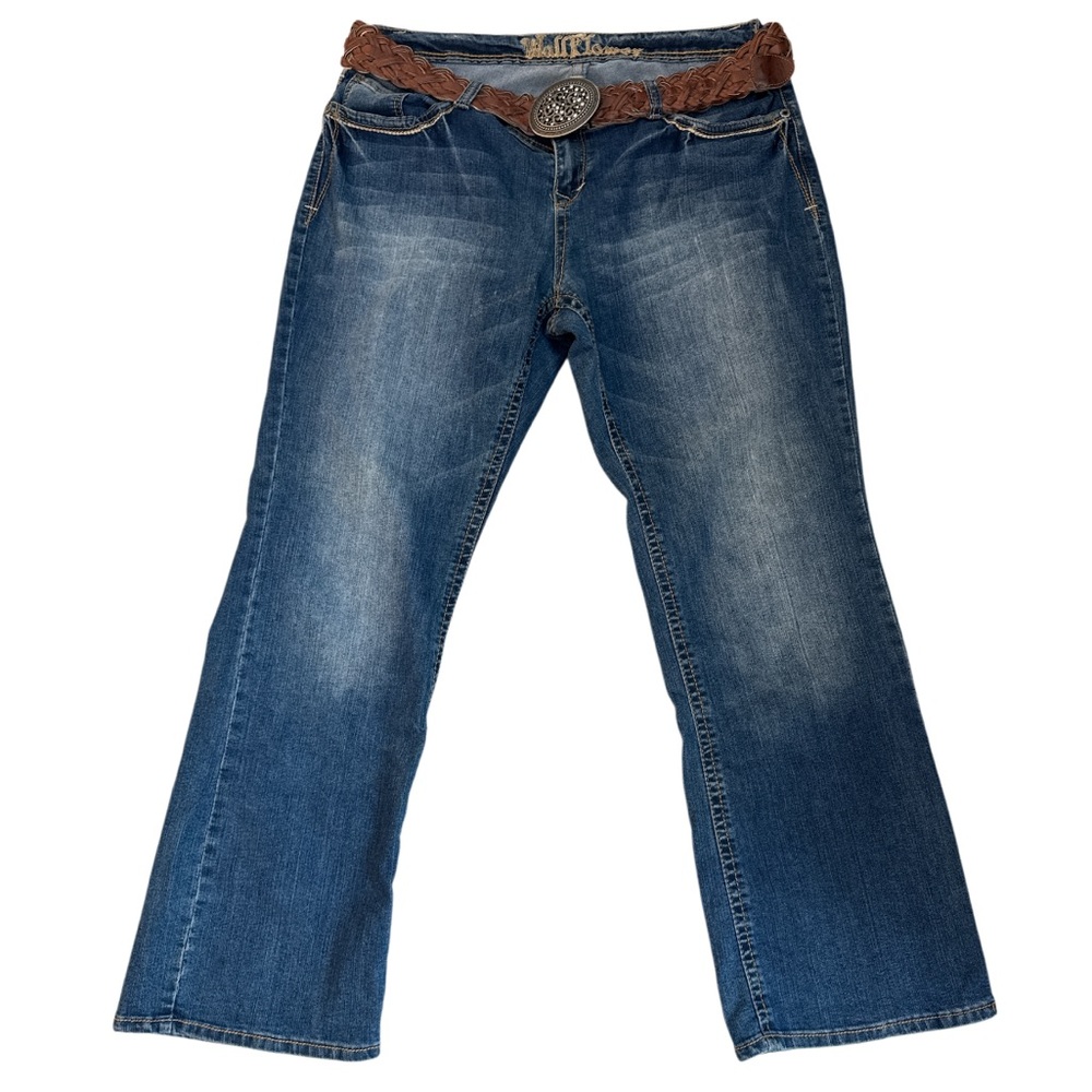 Wallflower Y2K Western Blue Wide-Leg Jeans with Brown Braided Belt - Size 18